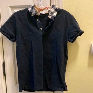 Burberry size 10y blue collared shirt with plaid collar.